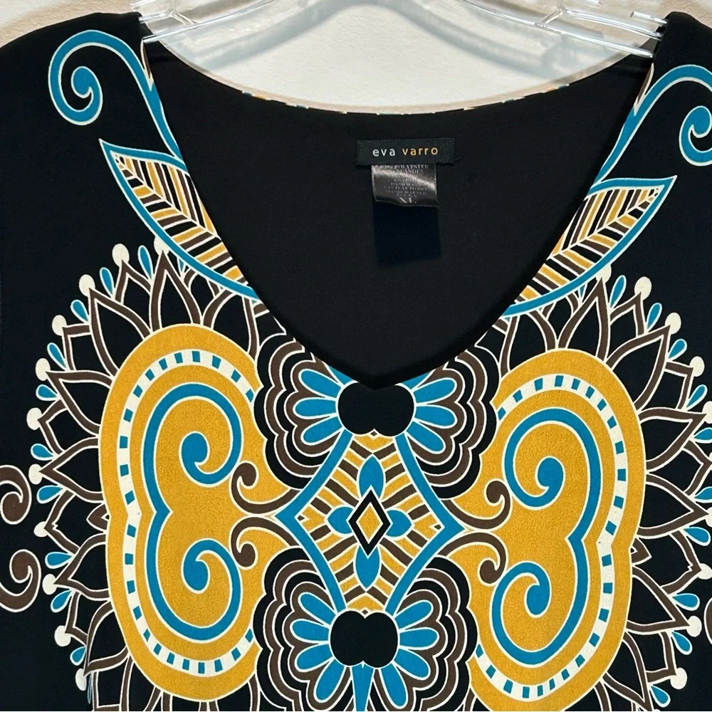 Eva Varro Black Layered Asymmetrical Tunic with Multicolored Graphic - Size XL - Picture 4 of 9